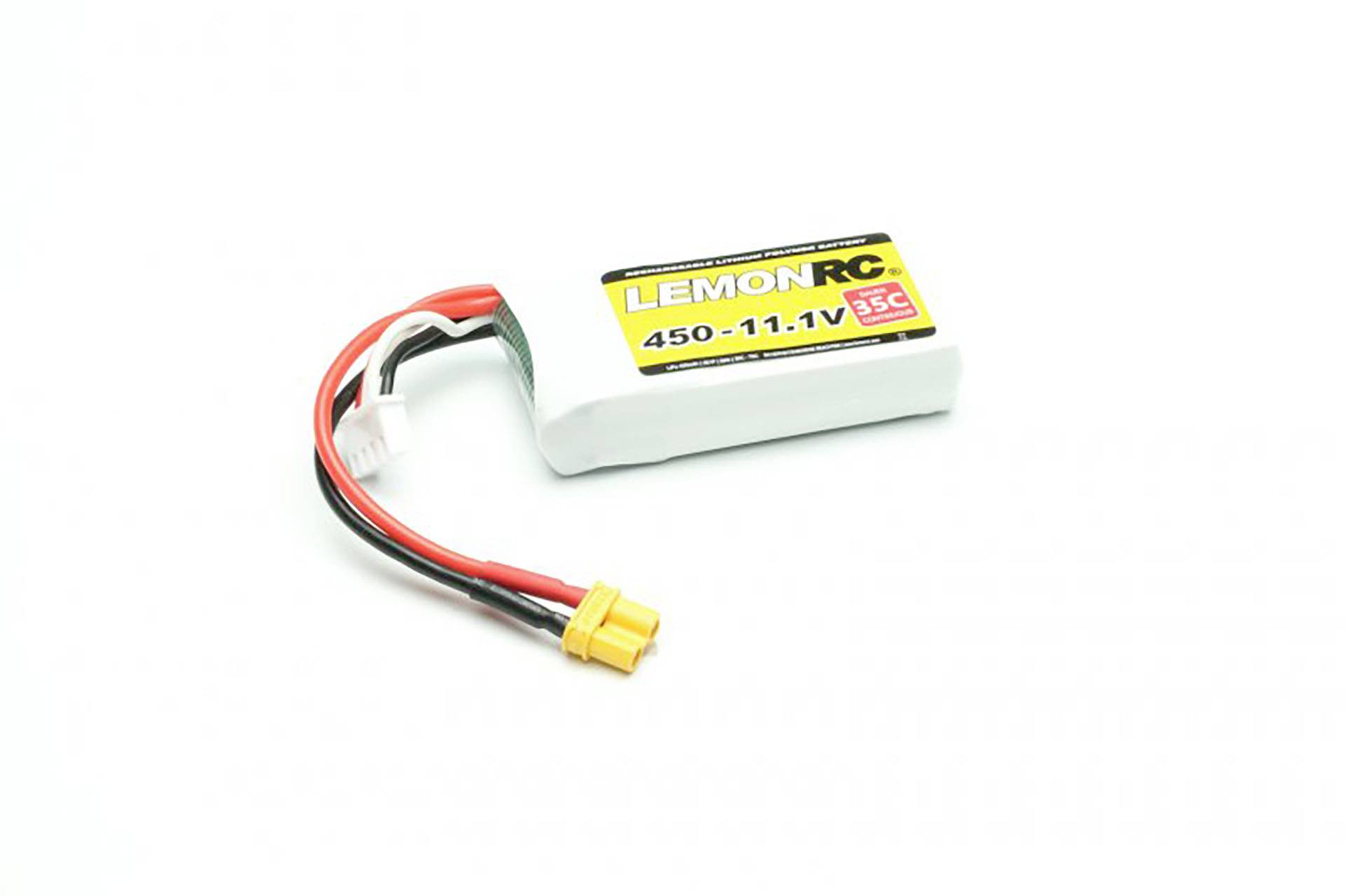 Lithium-polymerový akumulátor s nápisem 'LEMON RC, 450-11.1V'. Dva kabely s žlutou zástrčkou a bílým konektorem.