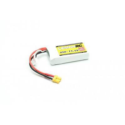 Lithium-polymerový akumulátor s nápisem 'LEMON RC, 450-11.1V'. Dva kabely s žlutou zástrčkou a bílým konektorem.