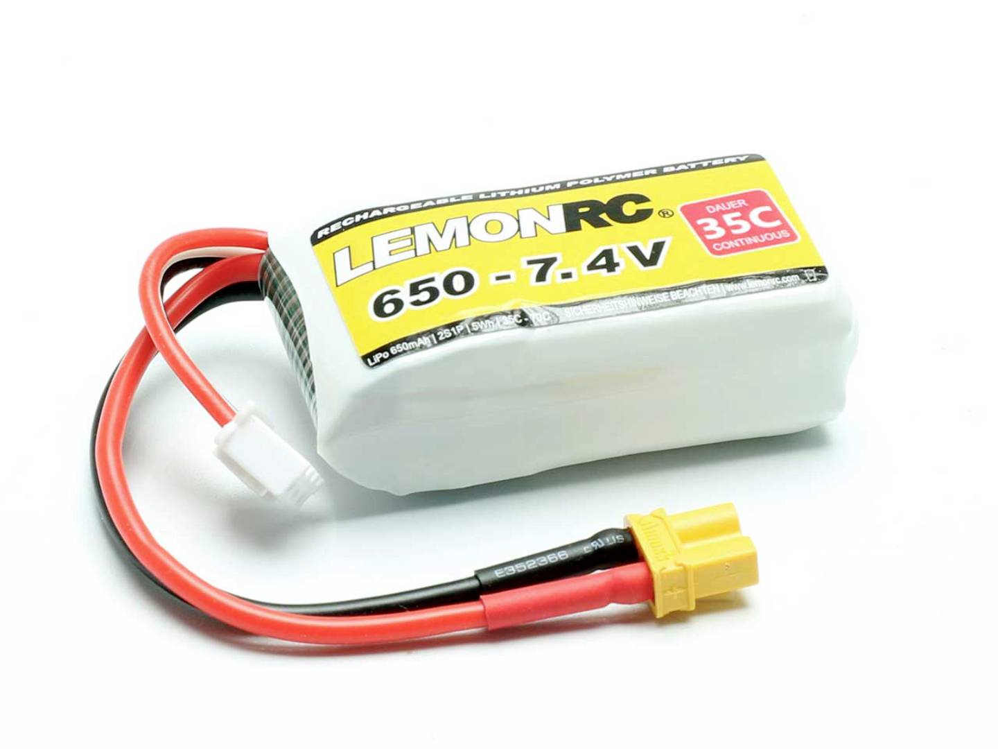 LiPo akumulátor s nápisem 'LemonRC, 650 - 7.4V, 35C'. Dva připojené kabely se zástrčkou.
