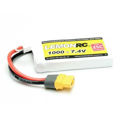 Lithium-polymerový akumulátor se žlutým připojovacím konektorem, model 'LemonRC 1000 - 7.4V', s vybíjecí rychlostí 35C.