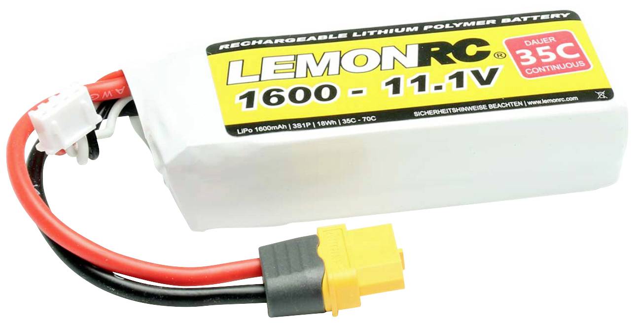 LiPo akumulátorový pack značky LemonRC, 1600 mAh, 11,1 V, trvalé zatížení 35C, s červenými a černými kabely a žlutým konektorem.