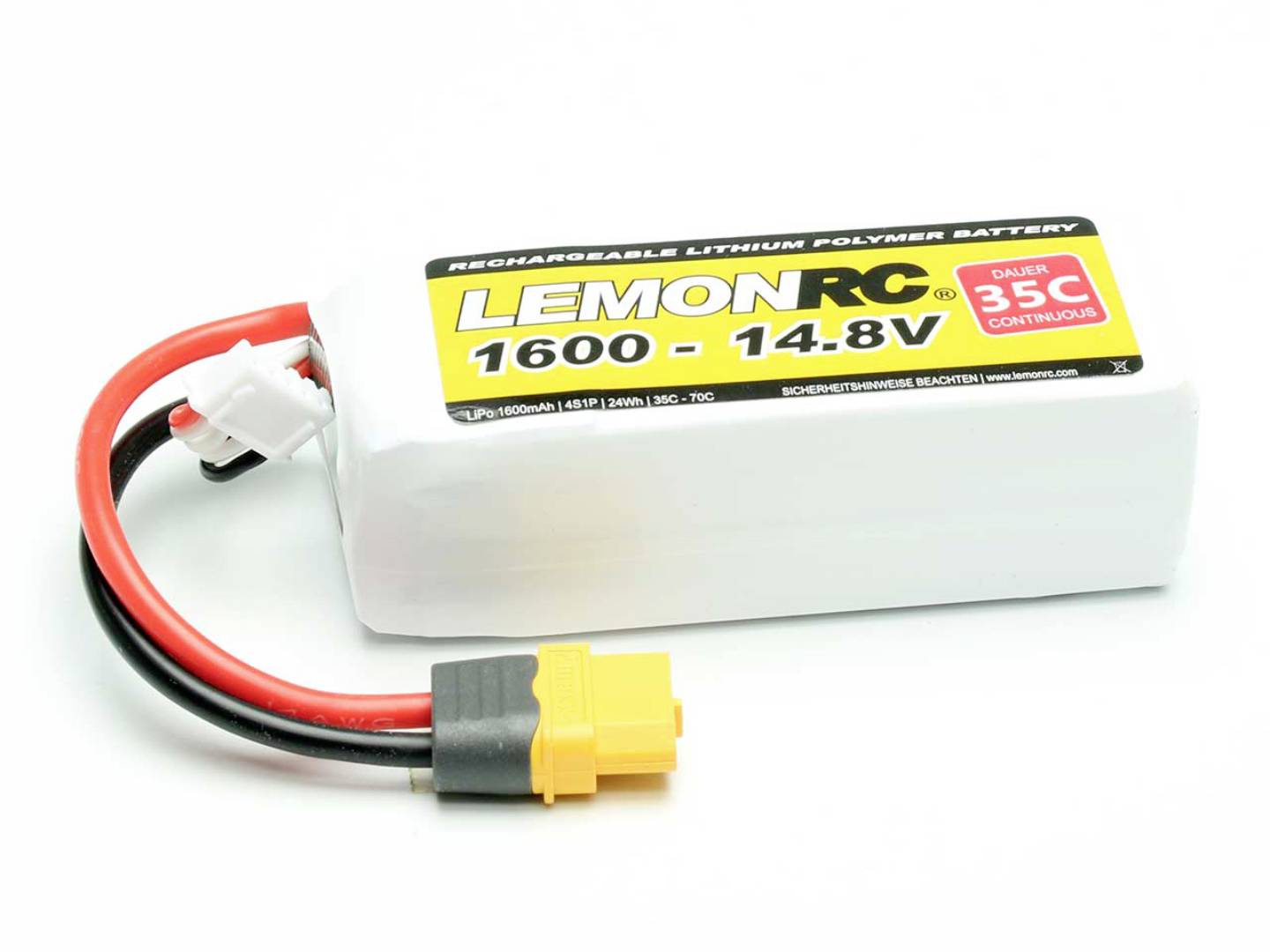 Lithium-polymerový akumulátor od LemonRC s kapacitou 1600 mAh a napětím 14,8 V. Vhodný pro modelářství, s výstražným upozorněním '35C trvalé zatížení'.