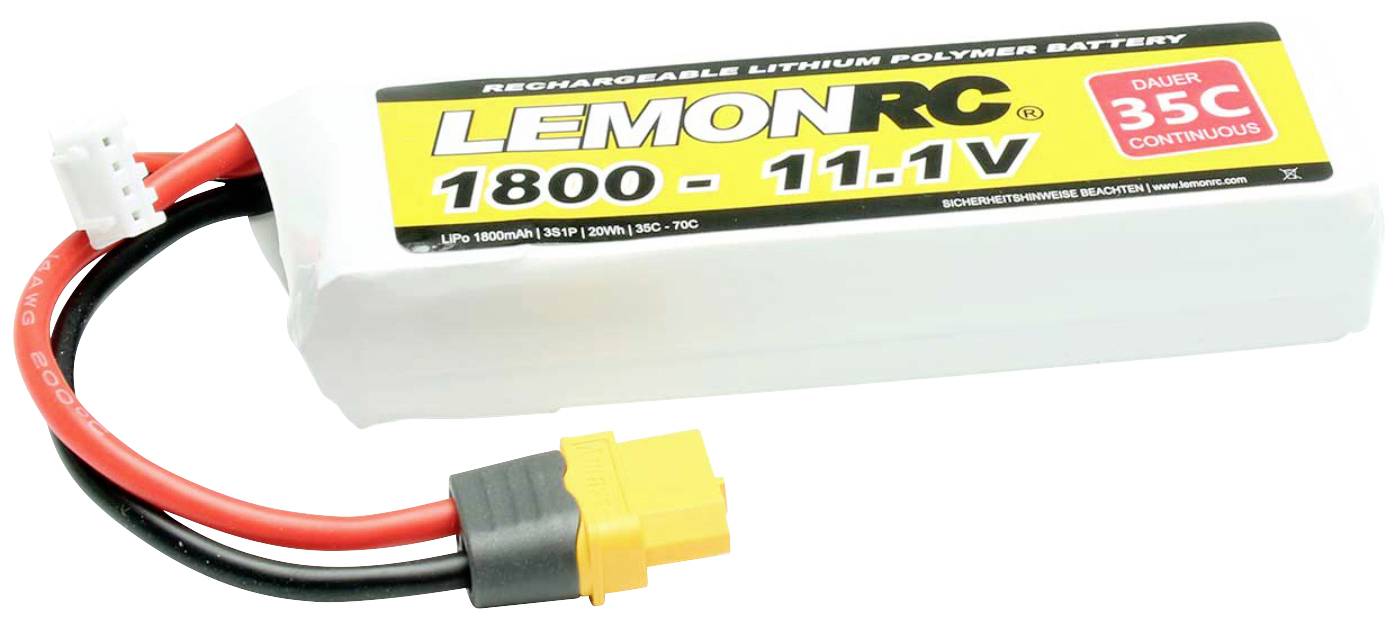 'LEMONRC 1800 - 11.1V' LiPo akumulátor. Bílé pouzdro, červené a černé kabely, žlutý konektor. Text: 'DOBÍJECÍ LITHIUM-POLYMEROVÝ AKUMULÁTOR'.