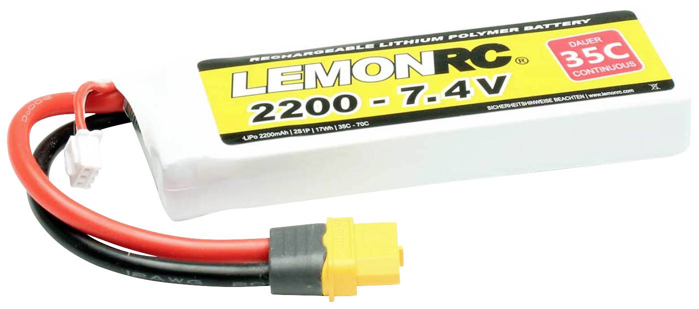 Lithium-polymerový akumulátor od 'LemonRC', 2200 mAh, 7,4V, s vybíjecím proudem 35C, bílé pouzdro, červené a černé kabely se žlutým konektorem.