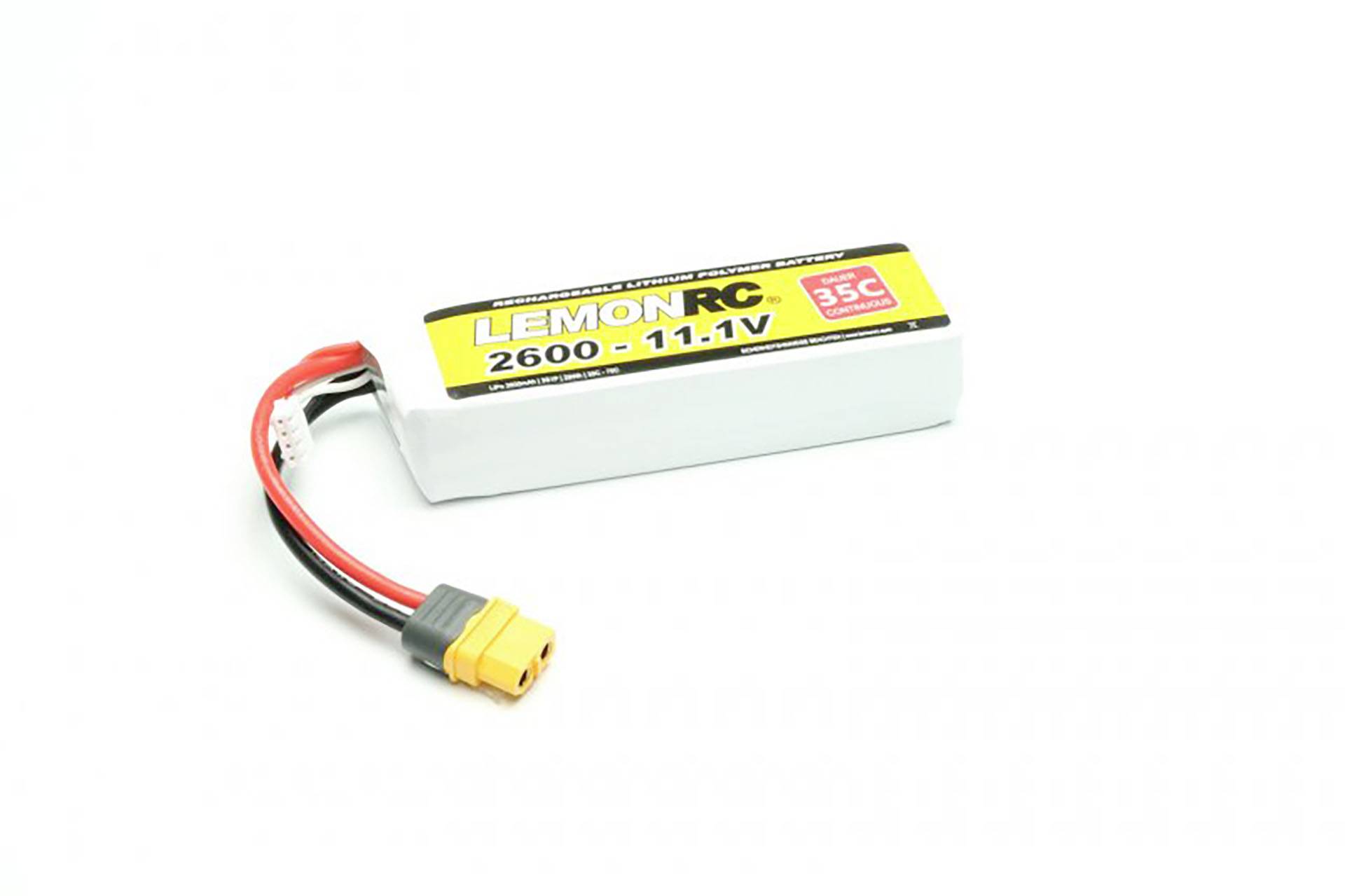 Akumulátor LiPo LemonRC 2600mAh, 11,1V, 35C, s žlutým konektorem XT60 a červeno/černými vodiči.