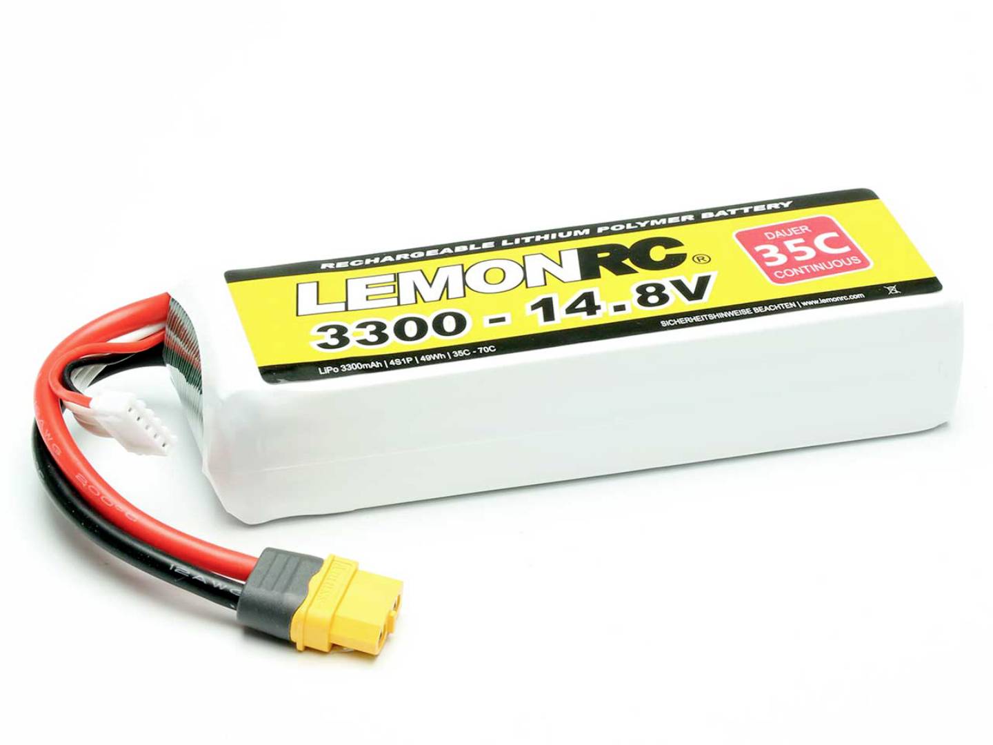 Lithium-polymerový akumulátor od LemonRC, 3300 mAh, 14,8 V, provedení 35C, s červenými, černými a žlutými konektory.