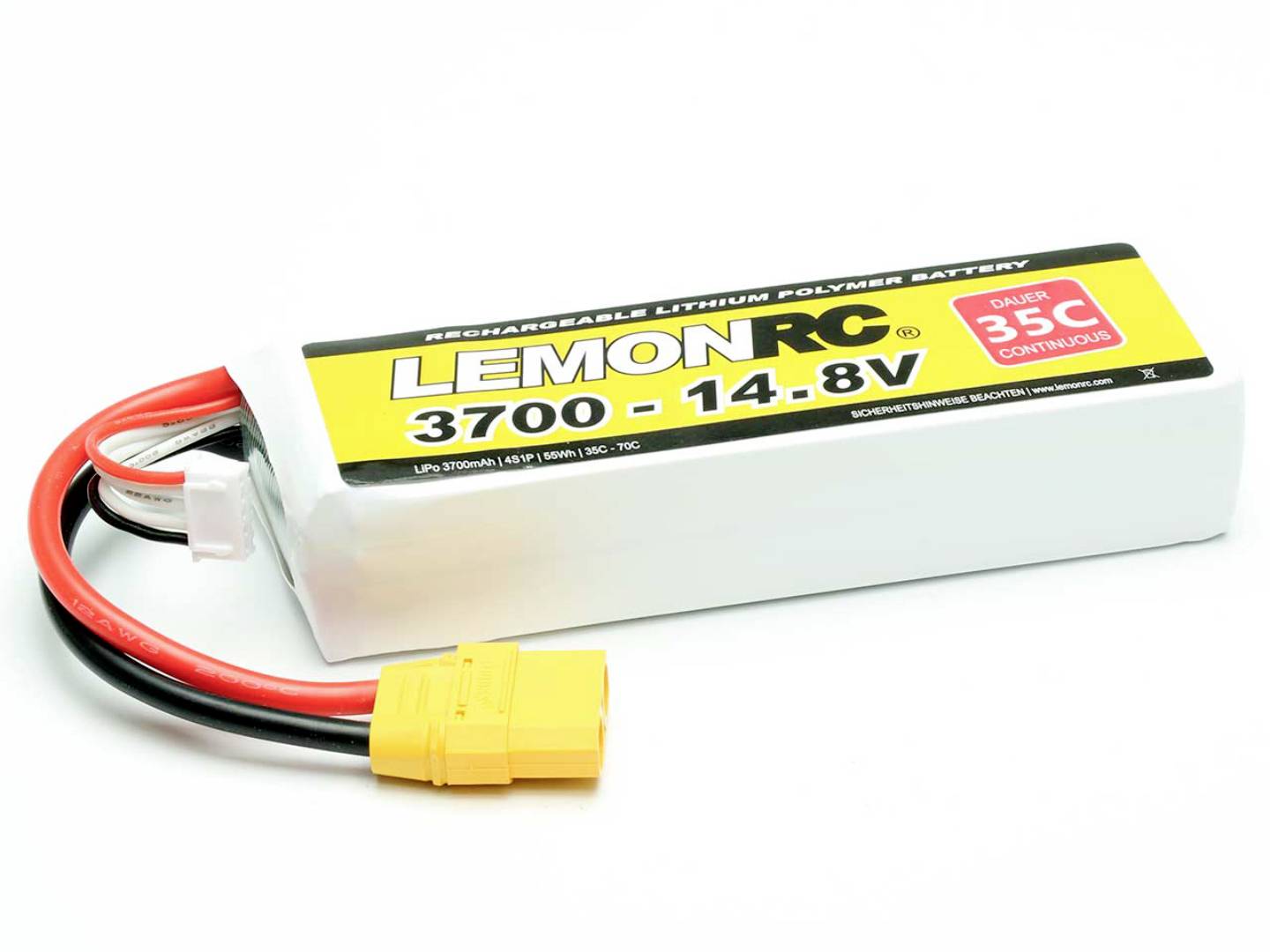 Lithium-polymerový akumulátor značky LemonRC s kapacitou 3700 mAh, napětím 14,8 V a vybíjecí rychlostí 35C, vybavený žlutým připojovacím konektorem.