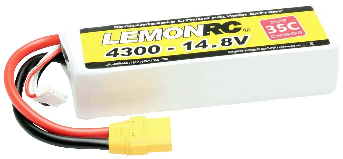 Lithium-polymerový akumulátor s kapacitou 4300mAh a napětím 14,8V, žluto-černo-bílý kryt, červené a černé kabely se žlutým konektorem.
