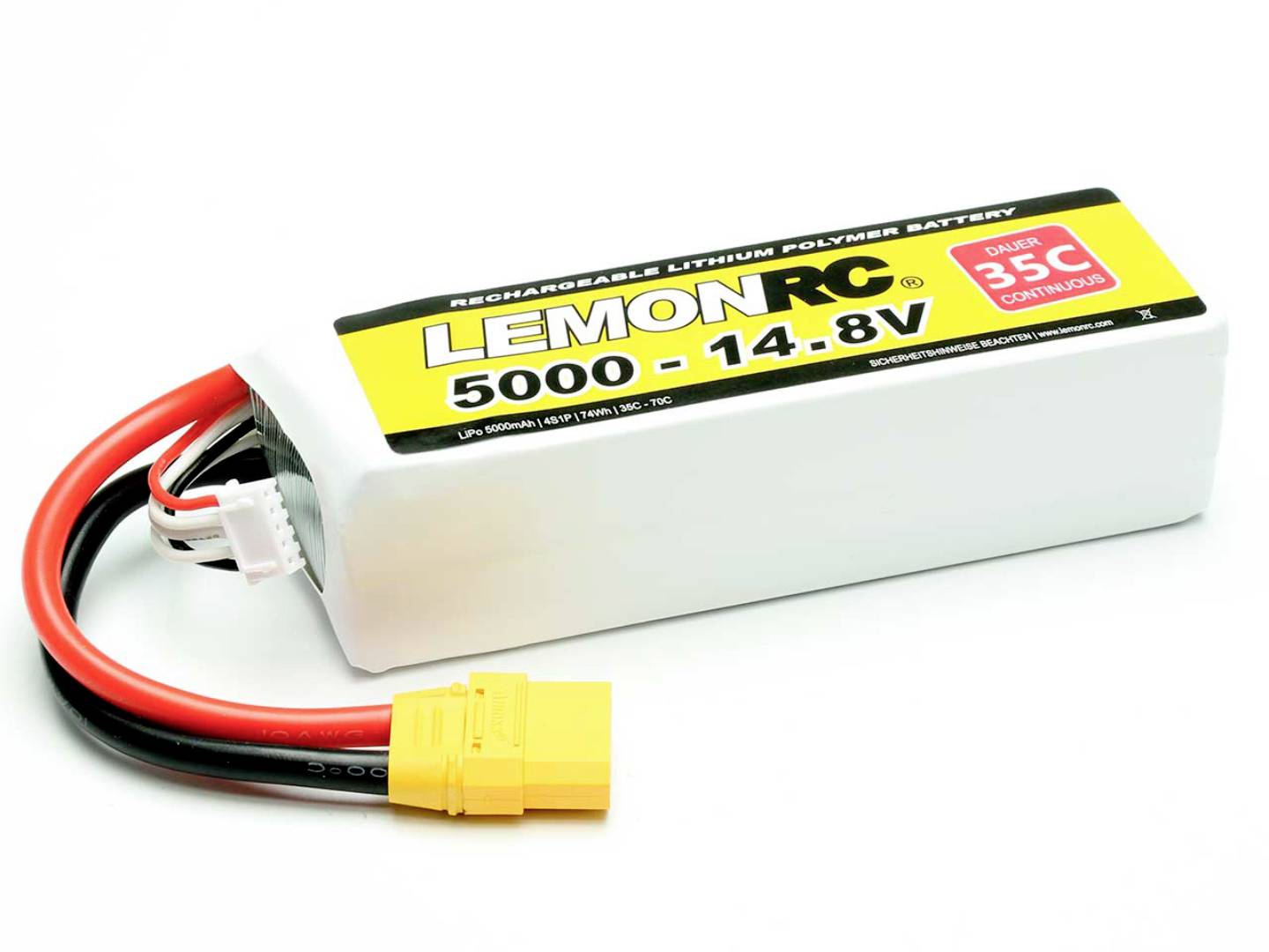 Lithium-polymerový akumulátor značky LemonRC, 5000 mAh, 14,8 V, vhodný pro vybíjení při 35C, s žlutým konektorem XT60 a jiným adaptérem.