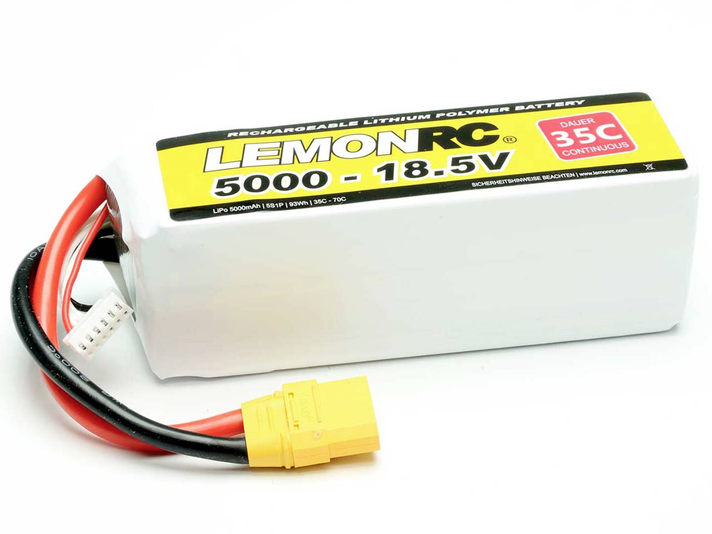 Lithium-polymerový akumulátor s nápisem 'LemonRC 5000 - 18.5V', žlutým konektorem a červenými vodiči, kapacita 5000mAh, trvalé zatížení 35C.