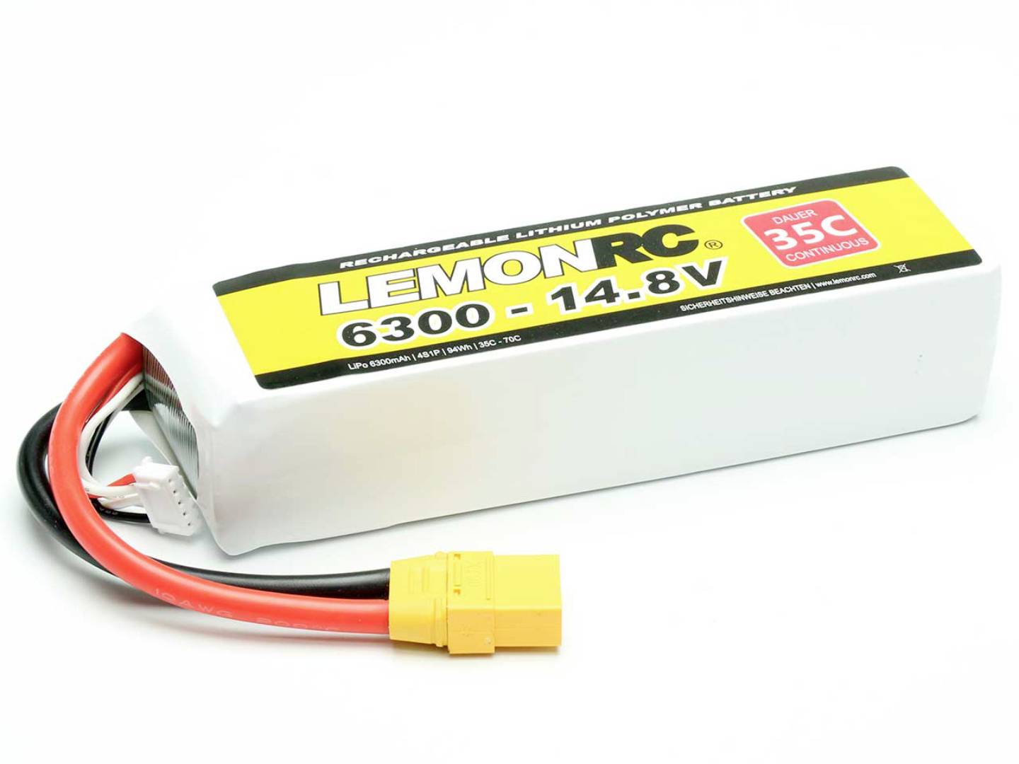 Lithium-polymerový akumulátor s kapacitou 6300 mAh, napětím 14,8 V a maximální vybíjecí rychlostí 35C, vhodný pro dálkově ovládané modelářské aplikace.