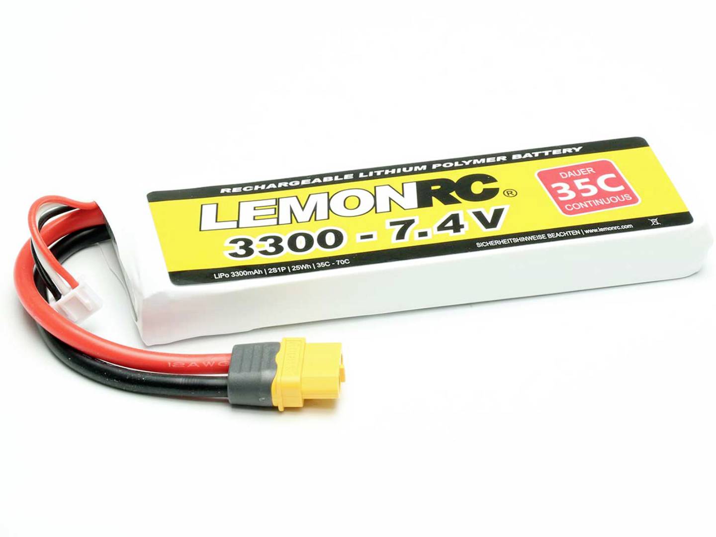 Lithium-polymerová baterie se žlutým konektorem a černou etiketou zobrazující nápis 'LEMONRC 3300 - 7.4V', vhodná pro vysoké proudové zatížení.