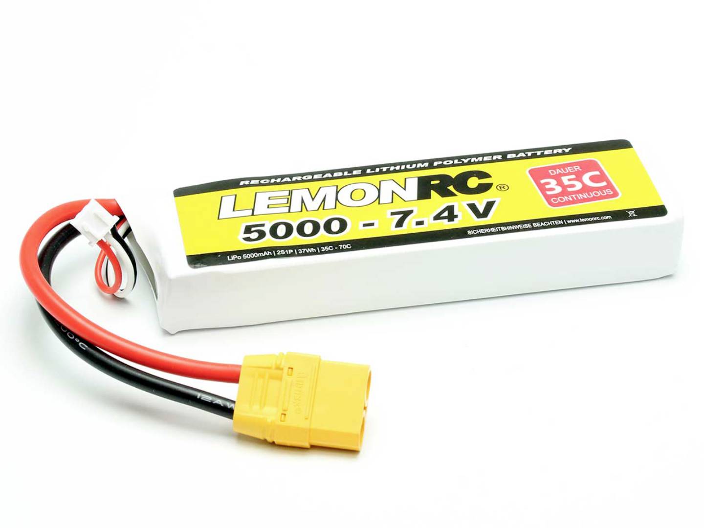 Obdélníková lithium-polymerová baterie s nápisem 'LEMONRC 5000 - 7.4V' a '35C' na bílém pozadí.