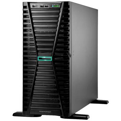 Černý serverový tower s několika větracími otvory a konektory na přední straně stojí na kovovых nožkách.