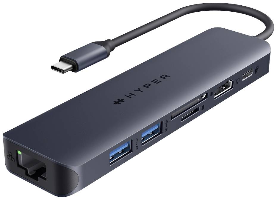Štíhlý USB-C hub s několika porty, včetně USB, Ethernetu, HDMI a čtečky karet, pro rozšířené možnosti připojení.