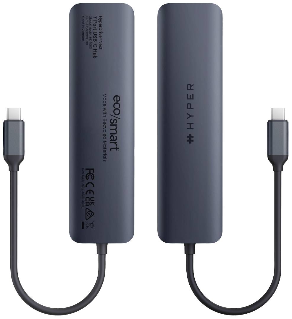 'Hyper' USB-C rozbočovač, tmavě šedý, přední a zadní strana. Připojovací kabel viditelný na obou stranách. Vytištěné textové detaily a loga.
