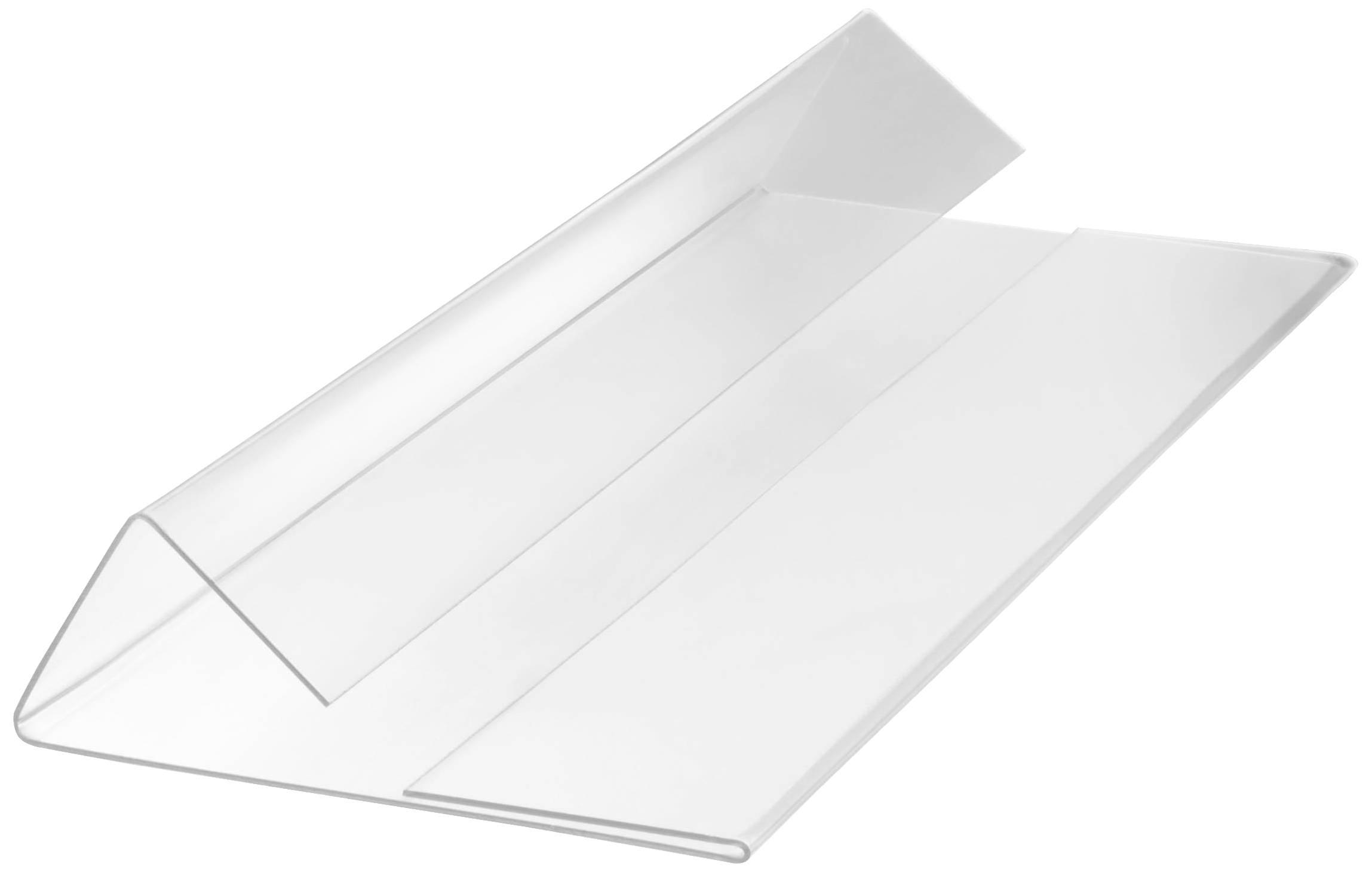 Průhledný akrylový stojan na dokumenty formátu A4, postavený vertikálně pro prezentaci papírů nebo brožur.