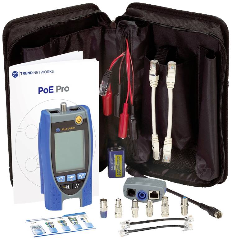 Přenosná taška obsahující PoE Pro tester, různé kabely, adaptéry a uživatelskou příručku. Nástroj pro síťové testování a analýzu.