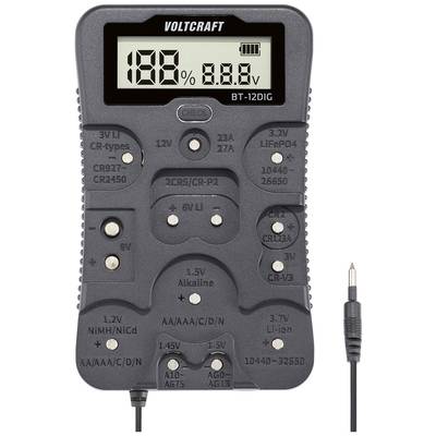 Voltcraft BT-12DIG tester baterií s LCD displejem pro zobrazení stavu nabití akumulátoru v procentech. Různé konektory pro různé typy baterií.