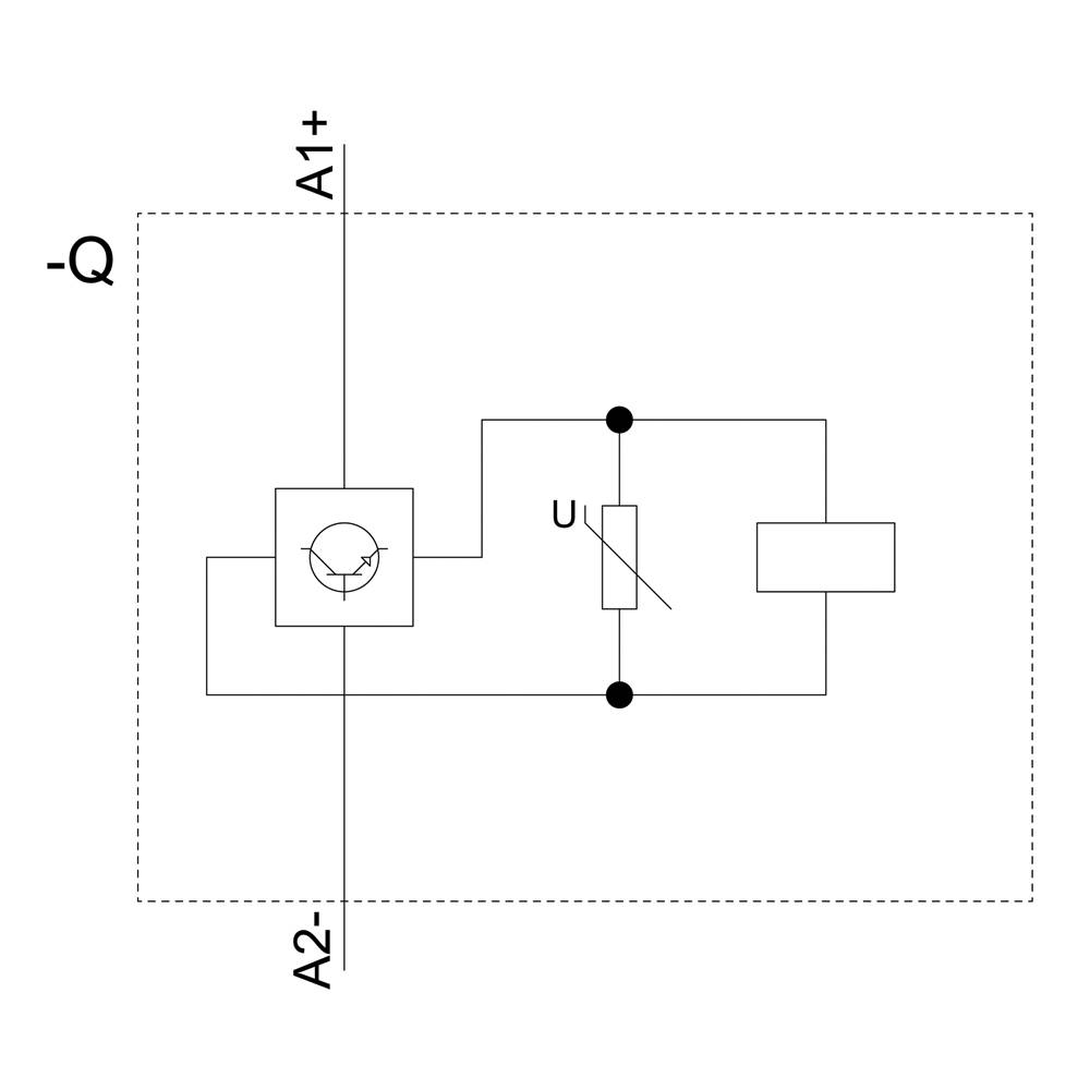 Schéma elektrického relé s cívkou a kontakty; zobrazuje svorky A1+, A2- a funkci zapojení.