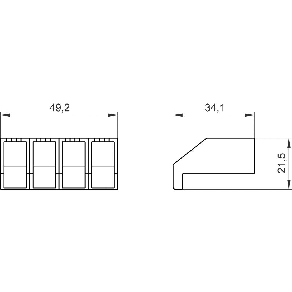 Technický výkres součástky s rozměry: délka 49,2 mm, šířka 34,1 mm, výška 21,5 mm. Boční pohled ukazuje stupňovanou hranu.