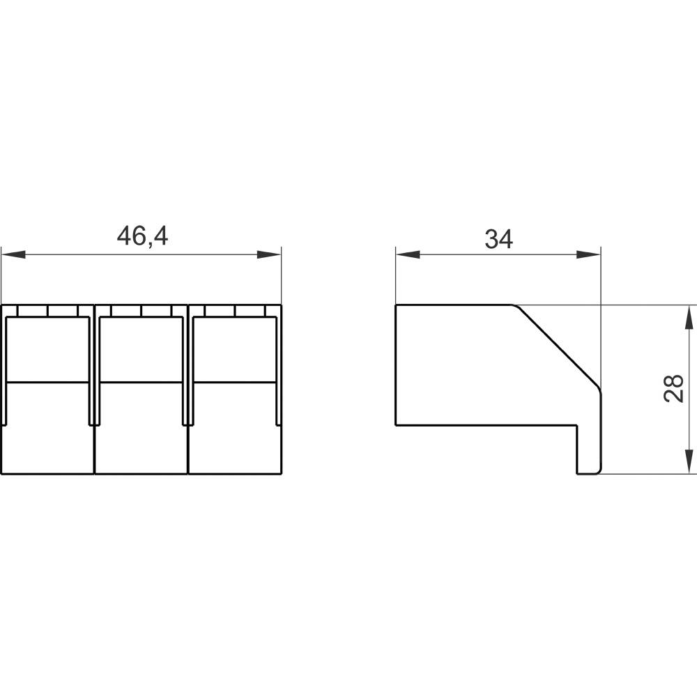 Technický výkres součásti se dvěma pohledy: horní pohled s šířkou 46,4 mm, boční pohled s šířkou 34 mm a výškou 28 mm.
