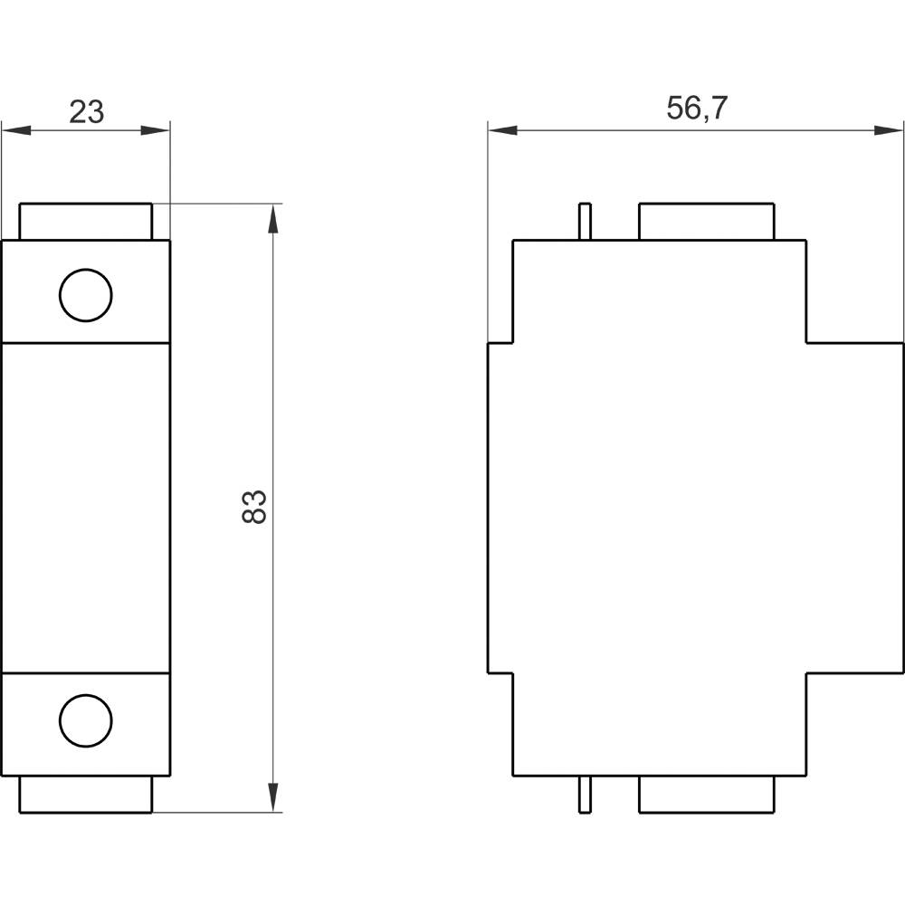 Technický nákres obdélníkového objektu s rozměry 23x83 mm pohledem zepředu a 56,7 mm z boku.