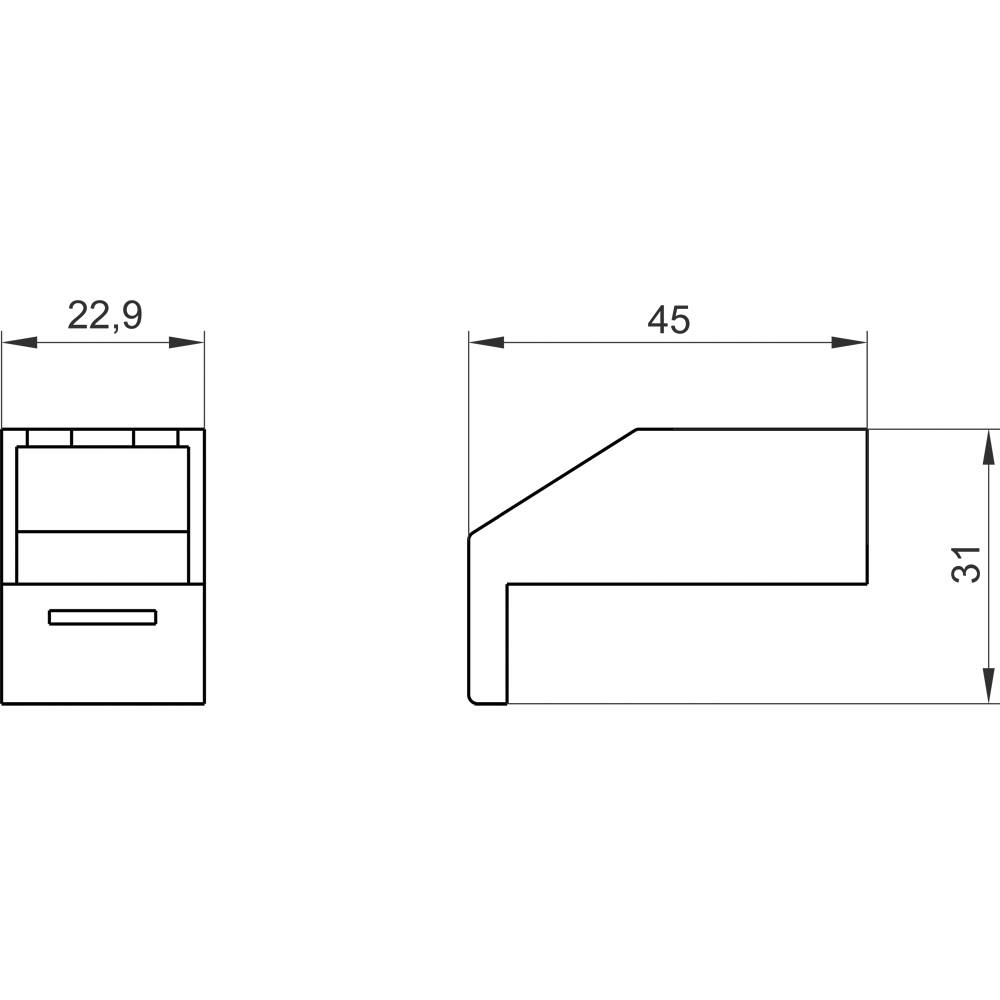 Technický výkres konektoru s rozměry: šířka 22,9 mm, hloubka 45 mm a výška 31 mm. Zobrazuje boční pohled a čelní pohled.