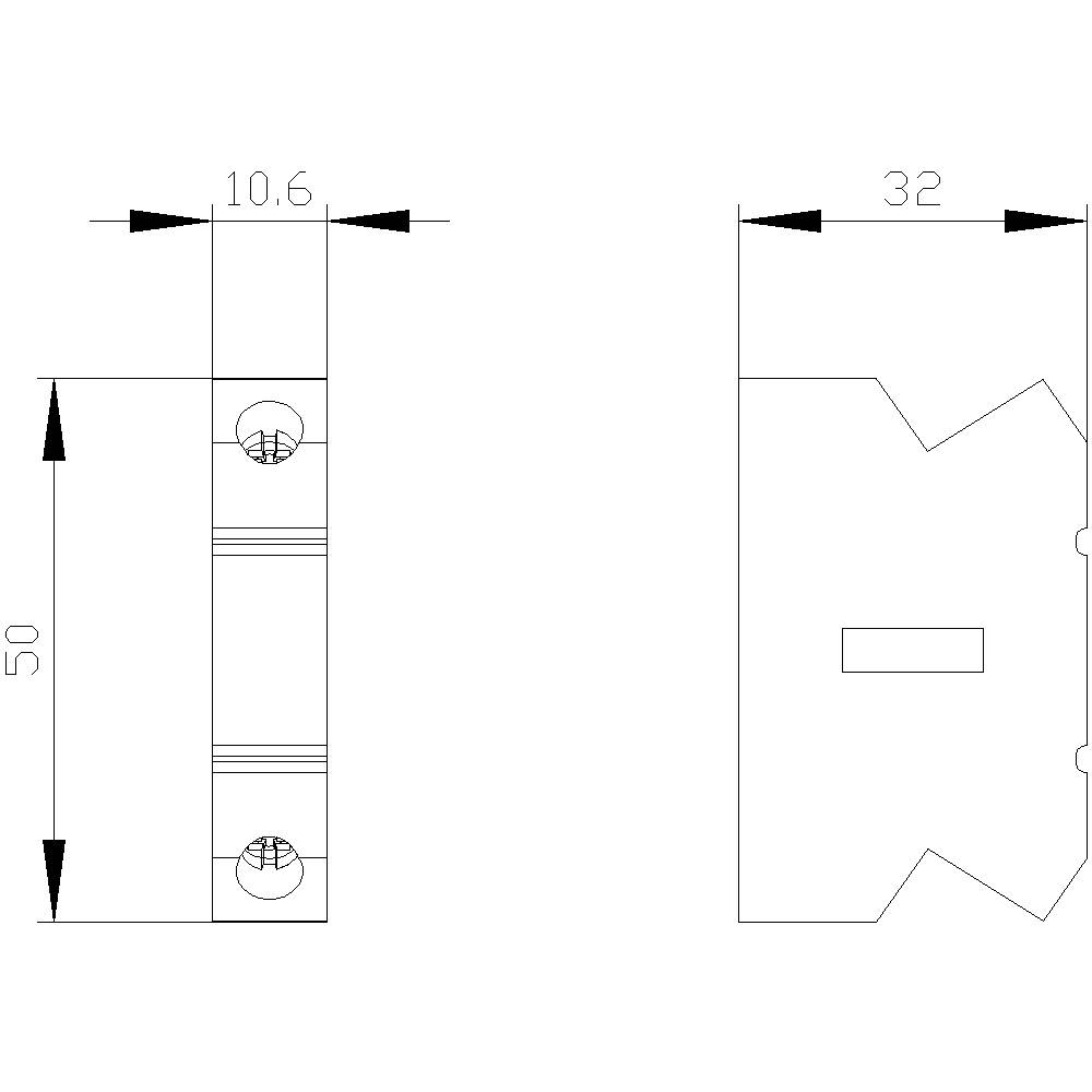 Technický výkres: Obdélníkový díl s rozměry 10,6 x 50 mm vlevo, šířka 32 mm vpravo. Viditelné šroubové otvory a drážka.