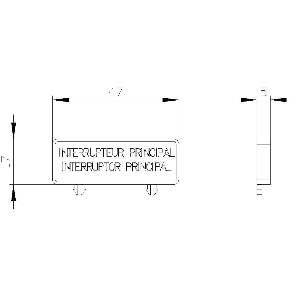 Technický výkres obdélníkového spínače s nápisy "HLAVNÍ PŘEPÍNAČ" a "HLAVNÍ PŘERUŠOVAČ". Rozměry: 47x17x5 mm.