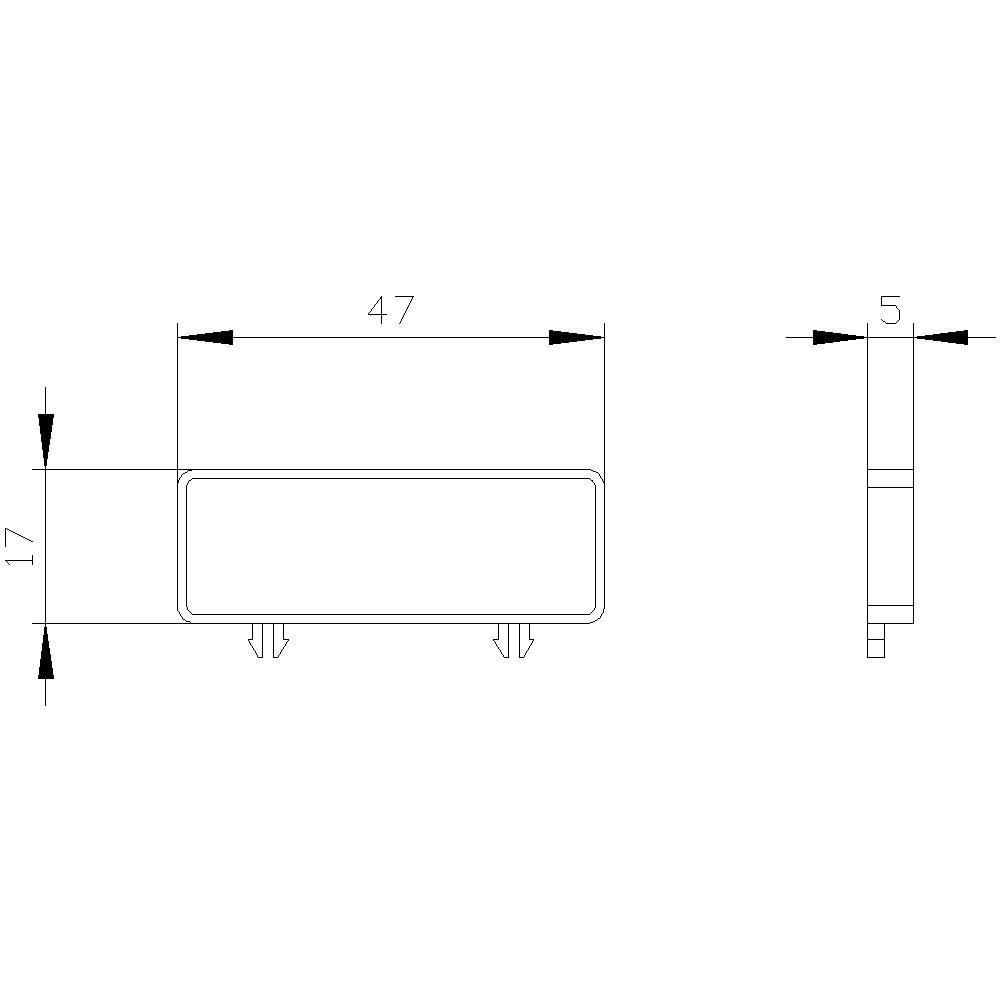 Technický výkres obdélníkového dílu o rozměrech 47 x 17 x 5 mm, boční a čelní pohled s kótami.