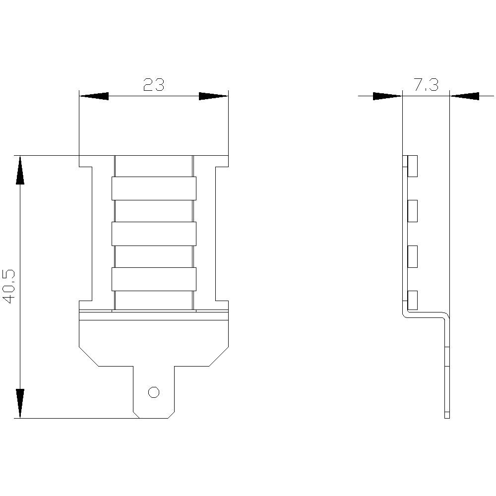 Technický výkres součásti s kótováním. Šířka činí 23 mm, výška 40,5 mm a další šířka je 7,3 mm.
