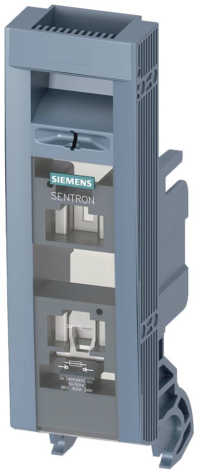 Modrý kryt pro zařízení Siemens SENTRON s držáky a slotem, vhodný pro upevnění v elektrických rozváděčích.