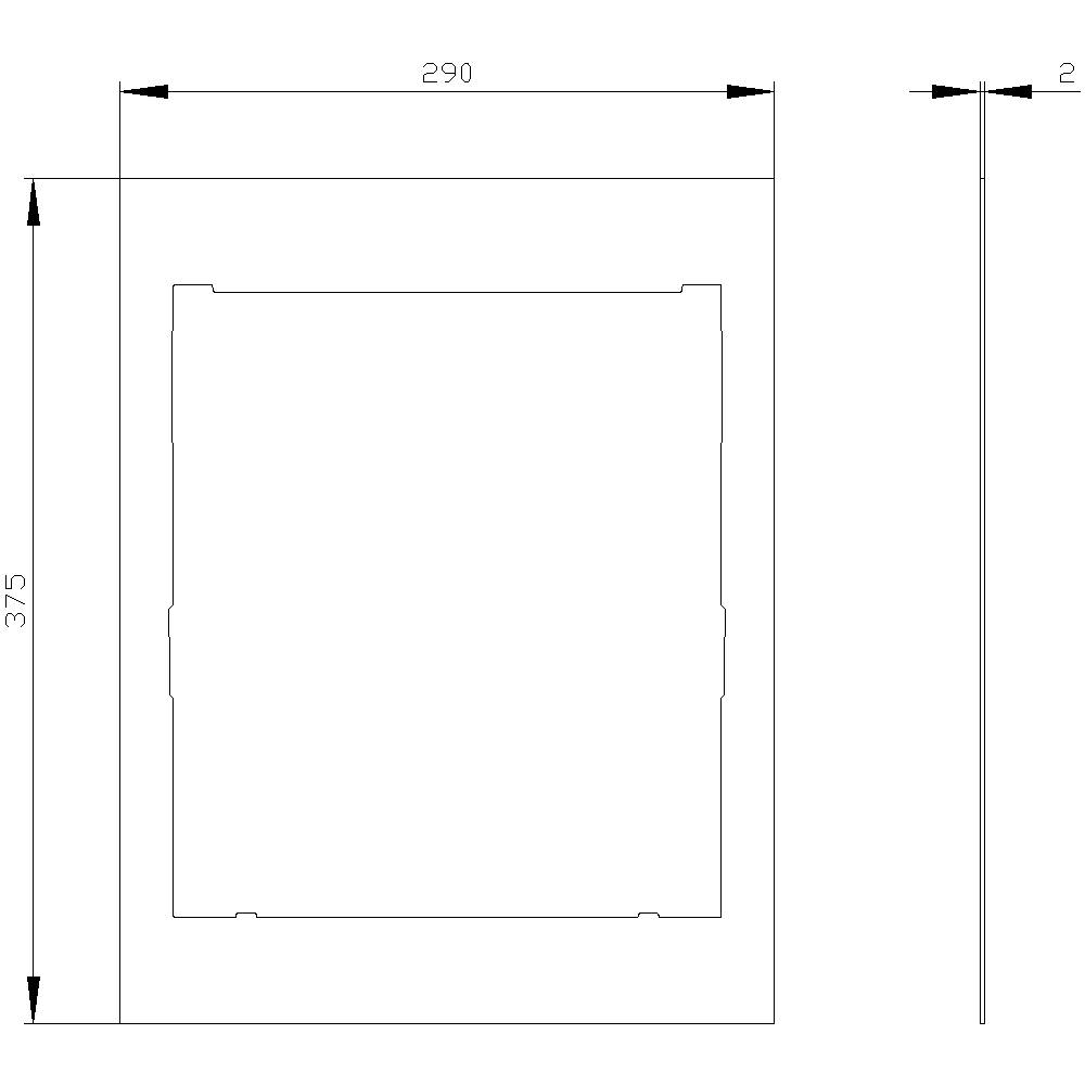 Technický výkres obdélníkového objektu. Rozměry: šířka 290 mm, výška 375 mm, hloubka 2 mm. Zobrazeno půdorysem a bokorysem.
