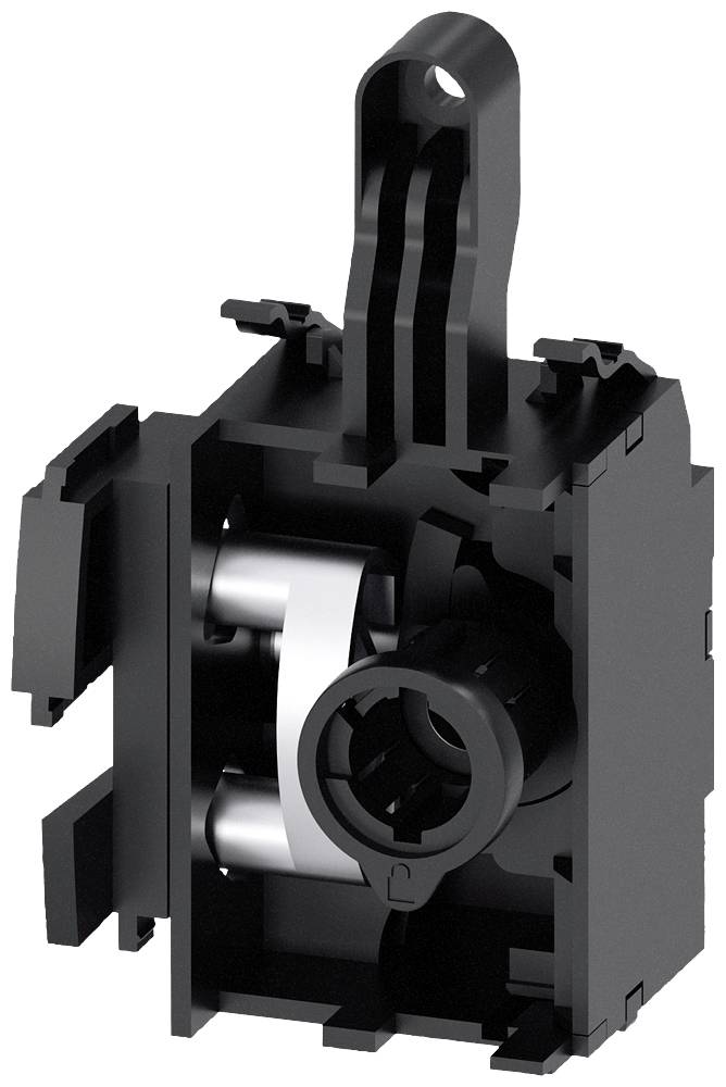 Černý a stříbrný spínač nebo konstrukční díl s pákovým mechanismem, který se skládá z plastové a kovové konstrukce.