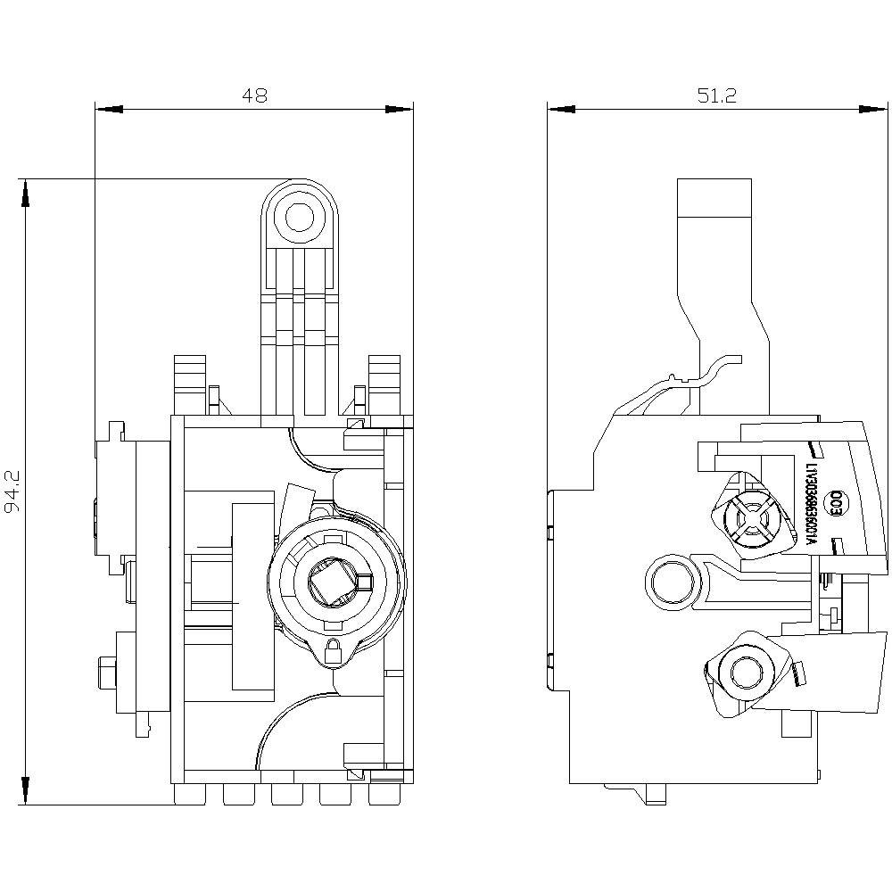 Technický výkres mechanické součásti s čelním a bočním pohledem. Rozměry: výška 94,2 mm, šířka 48 mm a 51,2 mm.