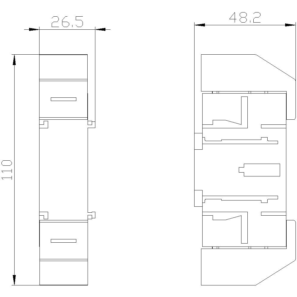 Dvourozměrný technický výkres obdélníkového dílu s rozměry: šířka 26,5 mm, délka 110 mm, hloubka 48,2 mm.