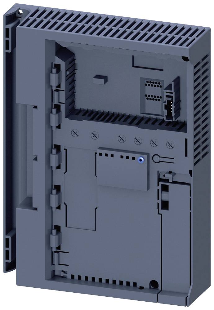 Šedé elektronické zařízení s větracími otvory a několika konektory. Má obdélníkový, technický design.