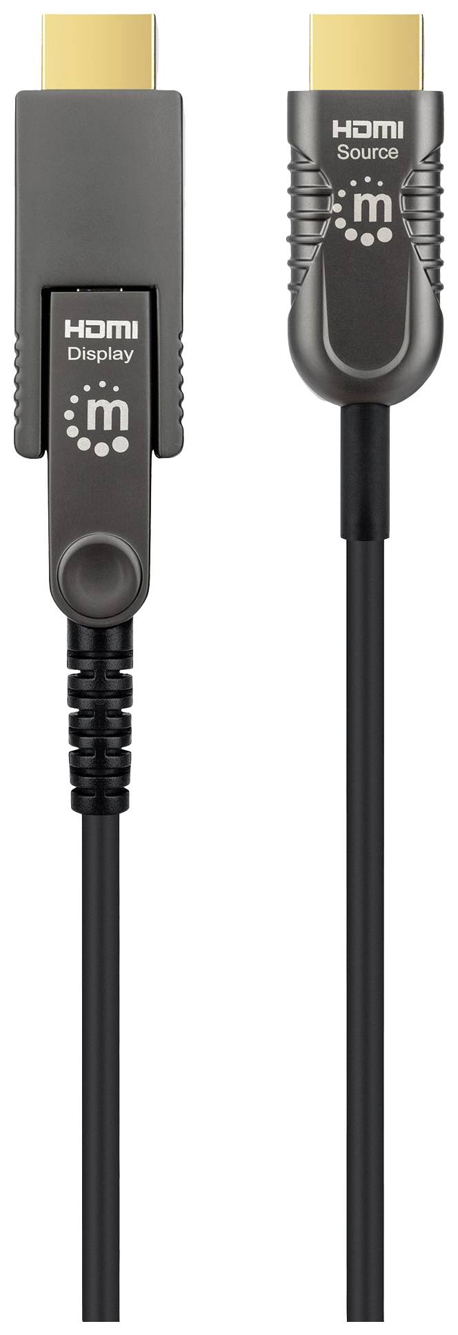 "Dva HDMI kabely, označené jako „Display" a „Source"."
