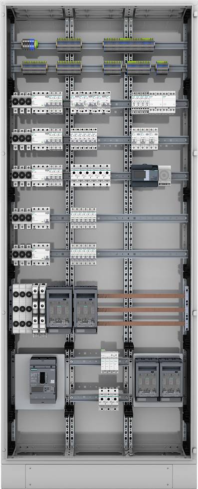Otevřená rozvodná skříň s několika řadami elektrických spínačů, pojistek a elektrických propojení.