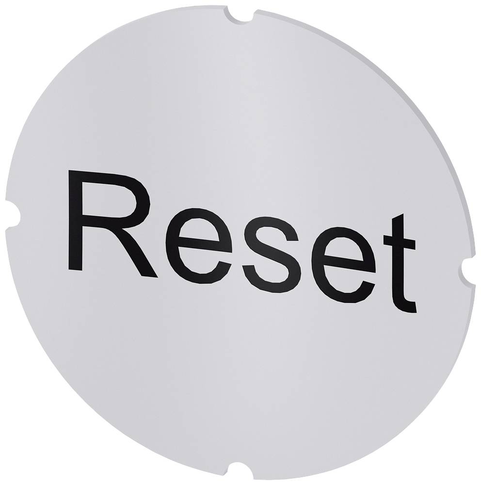 Kulatý, stříbrný resetovací tlačítko s černým nápisem 'Reset' uprostřed.
