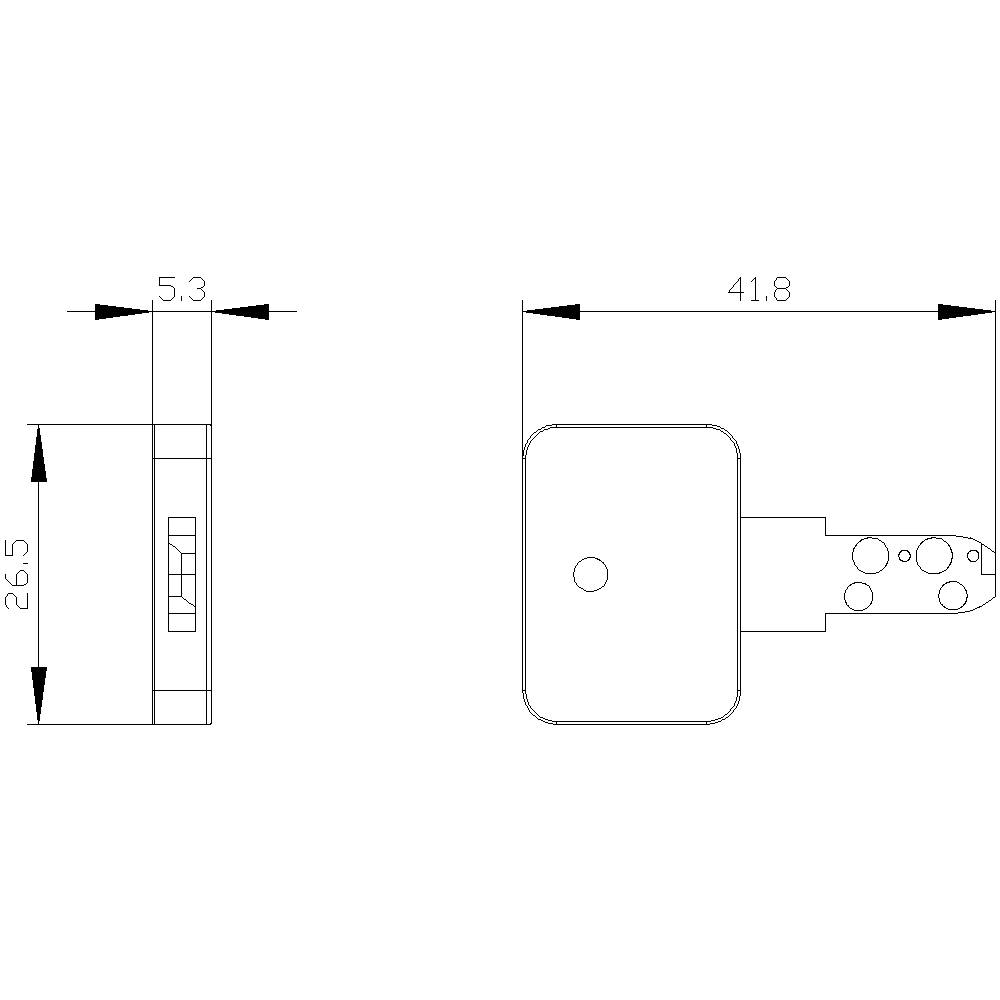 Technický výkres klíče s rozměry: délka 41,8 mm, šířka 5,3 mm, výška 26,5 mm. Zobrazuje boční a horní pohled.
