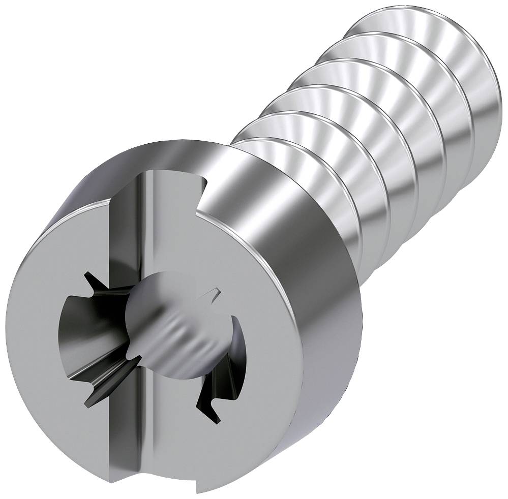 Kovový šroub s křížovou hlavou, vhodný pro dřevěné nebo kovové spoje, zobrazuje závit a design hlavy.