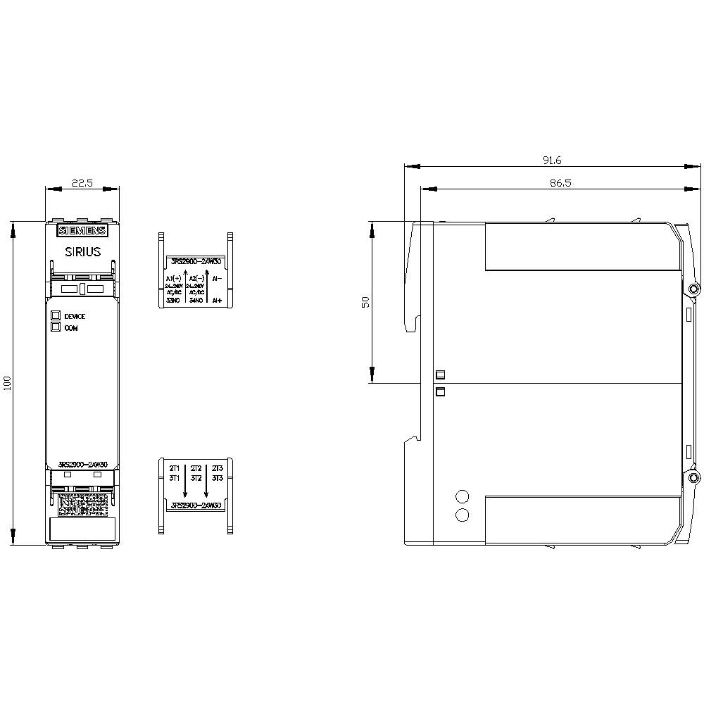 Diagram elektronického zařízení s rozměry: výška 100 mm, šířka 22,5 mm a hloubka 91,6 mm. Zobrazeno z čelního a bočního pohledu.