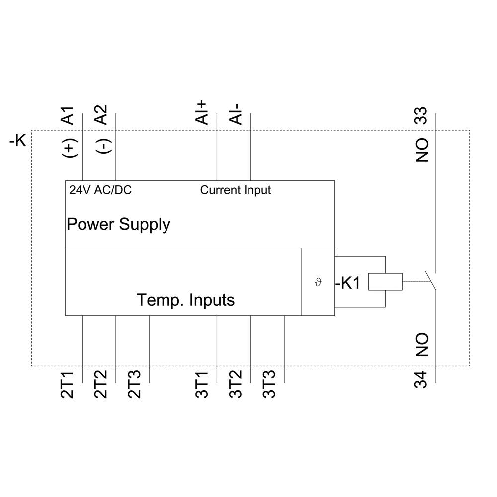 Schéma elektrického napájecího modulu se vstupy pro teplotu a proud. Poznámky zahrnují: 'Napájení', 'Teplotní vstupy', 'Proudový vstup'.