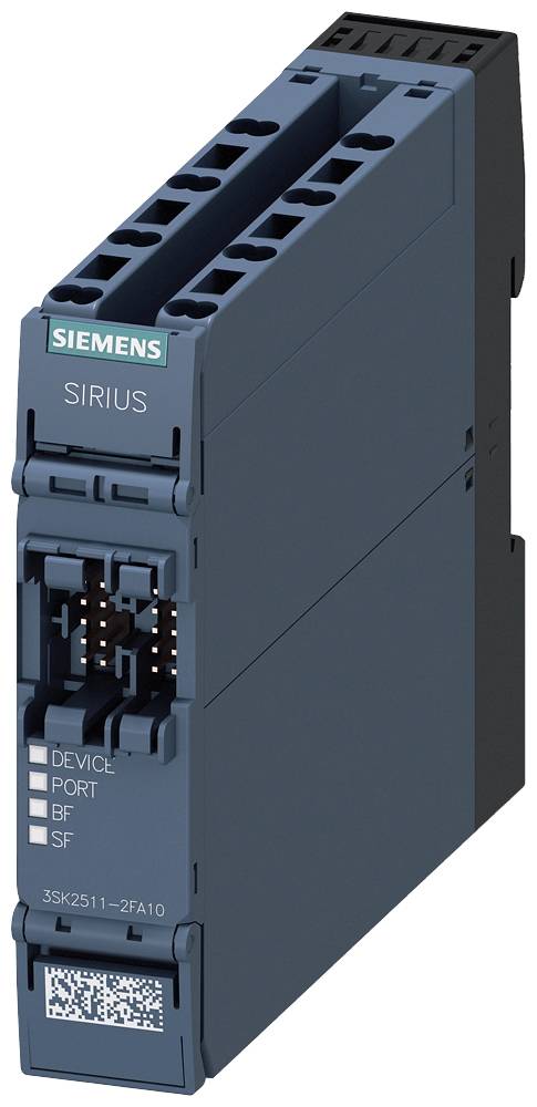 Siemens SIRIUS modul s přípojkami a QR kódem. Vhodný pro řídicí aplikace v automatizačních systémech.