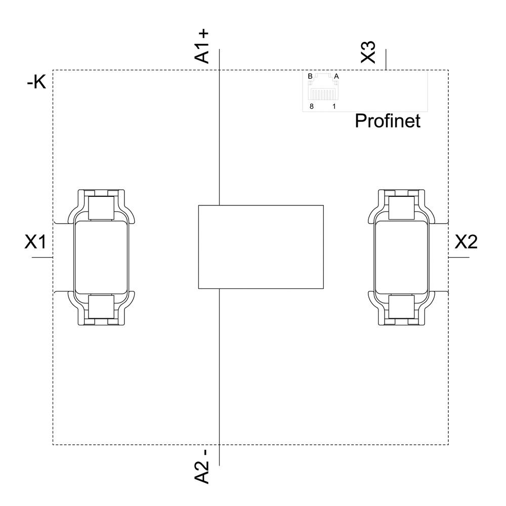 Schéma zapojení Profinet obvodu s přípoji: A1+, A2-, X1, X2, X3, K+. Znázorňuje uspořádání komponent a propojovací body.