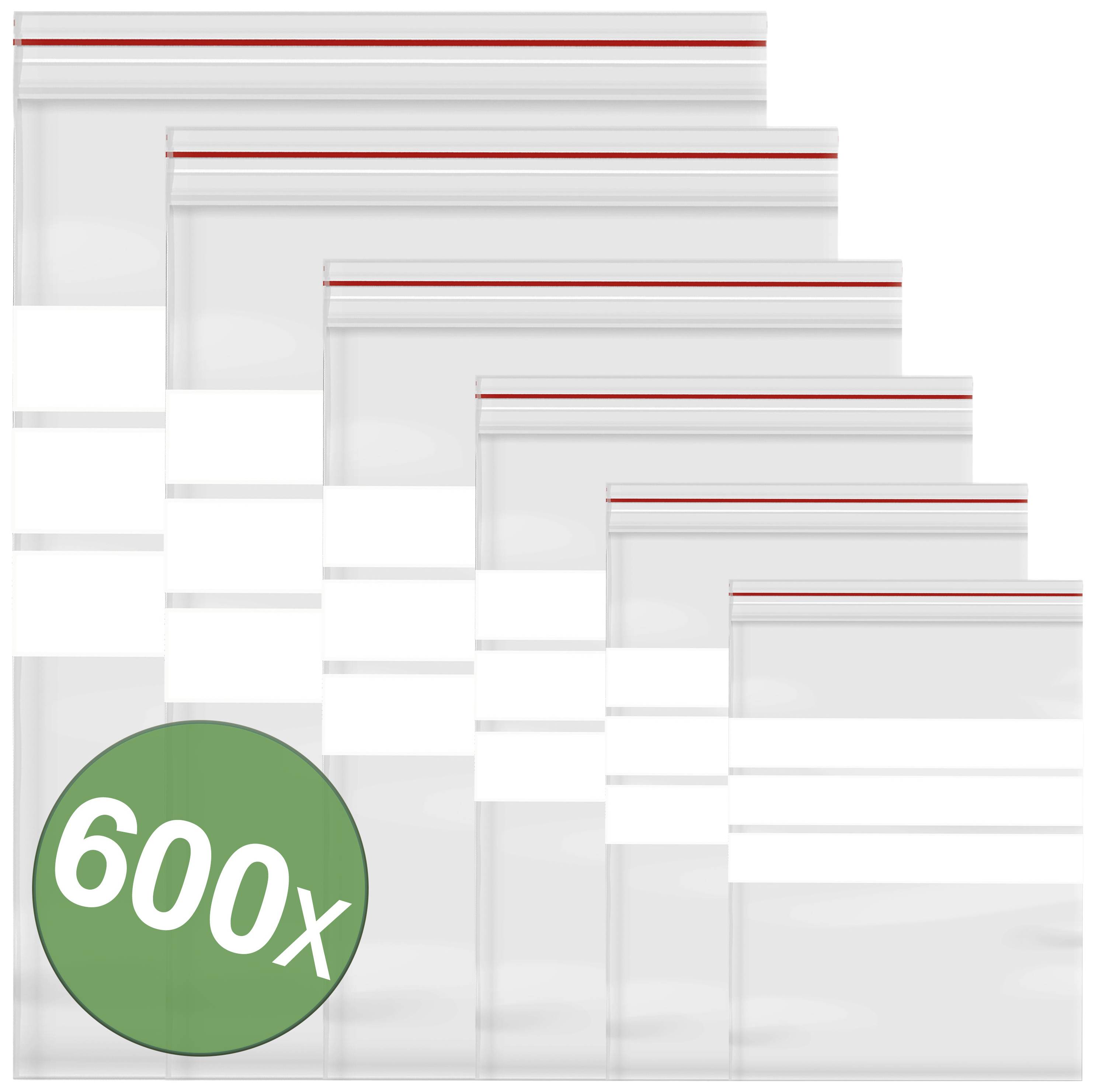 Šest různých velikostí průhledných zipových sáčků navrstvenych přes sebe s nápisem '600X' v zeleném kruhu vlevo dole.