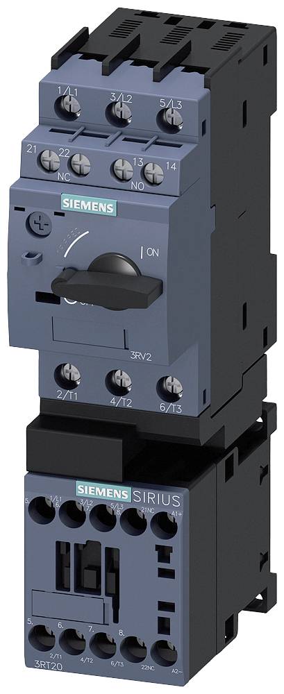 Šedý Siemens stykač s několika připojovacími body nahoře a dole, vhodný pro řízení elektrických obvodů.