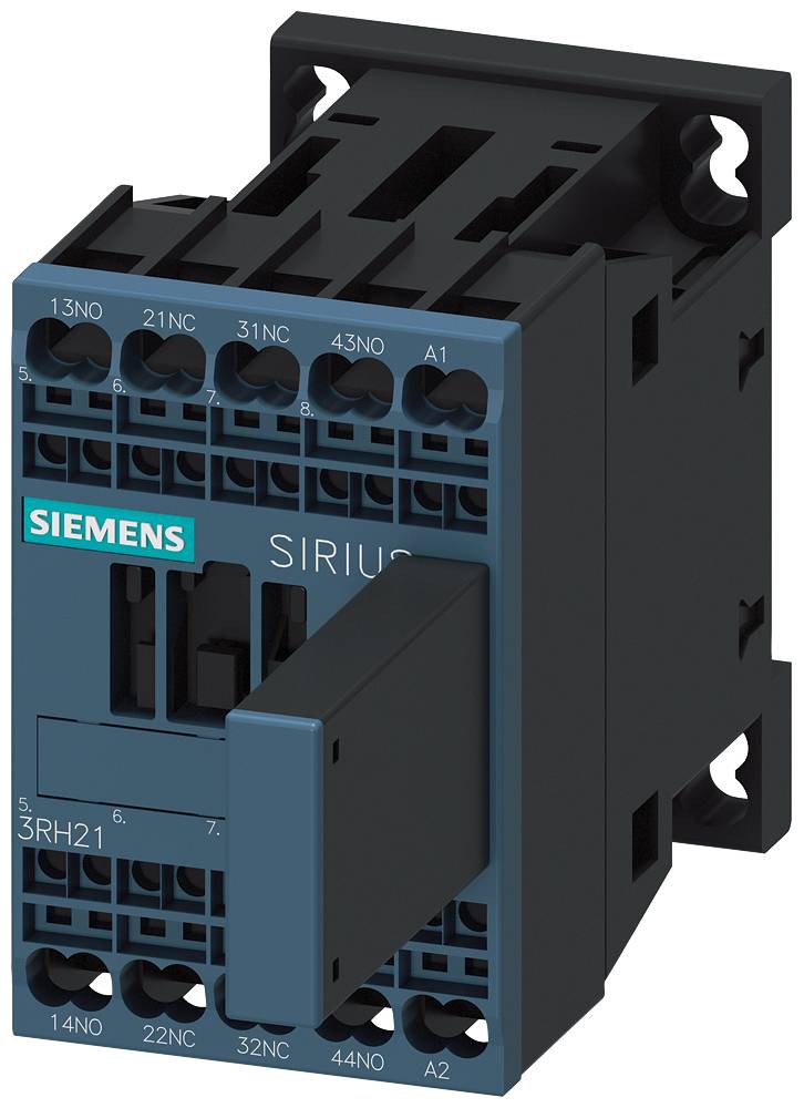 Modul stykače Siemens série Sirius 3RH21 s více přípojkami na čelní straně; vhodný pro průmyslové řídicí systémy.
